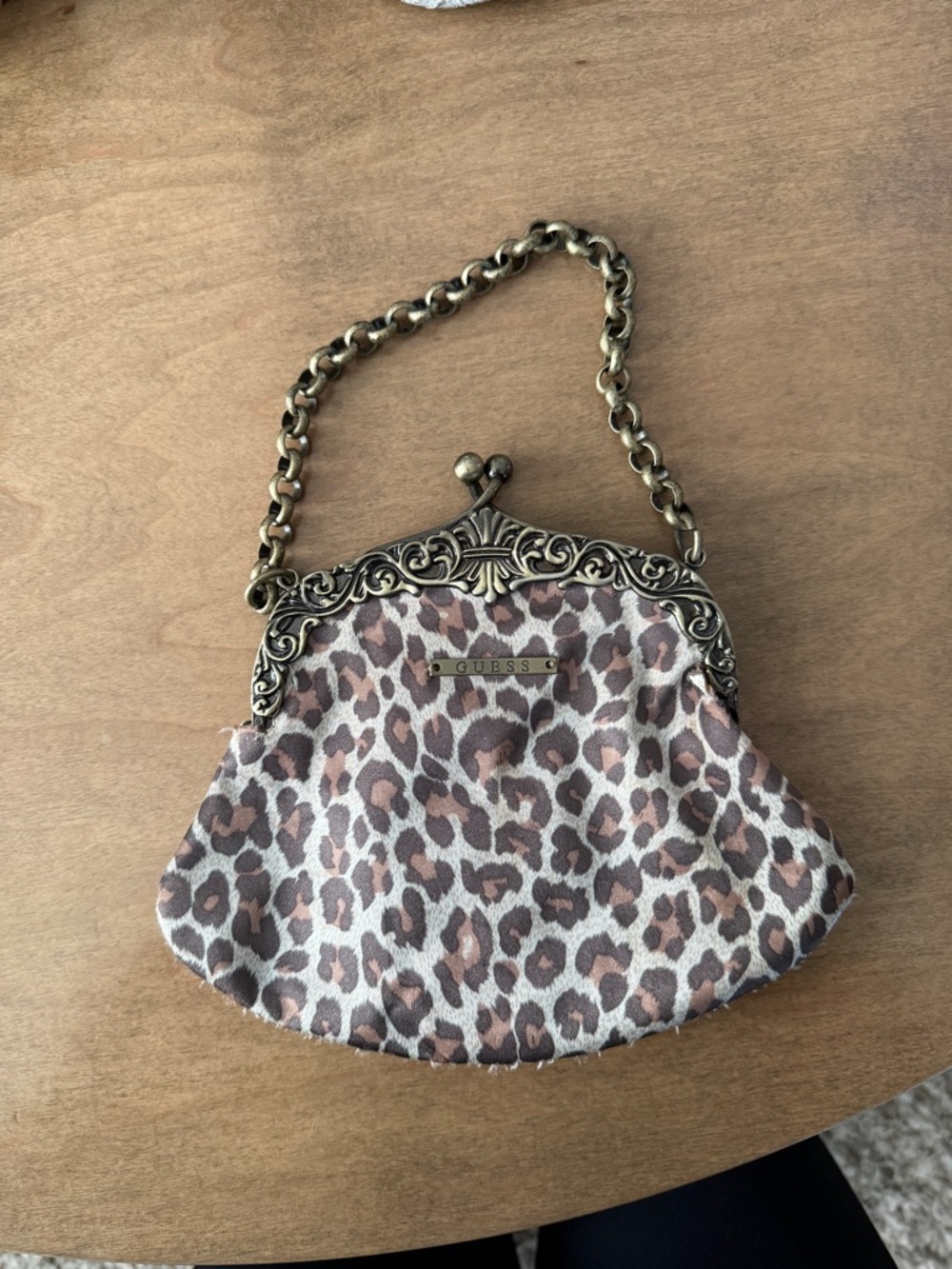 GUESS vintage y2k leopard Print Mini Chain-Handle Evening Clutch in Brown